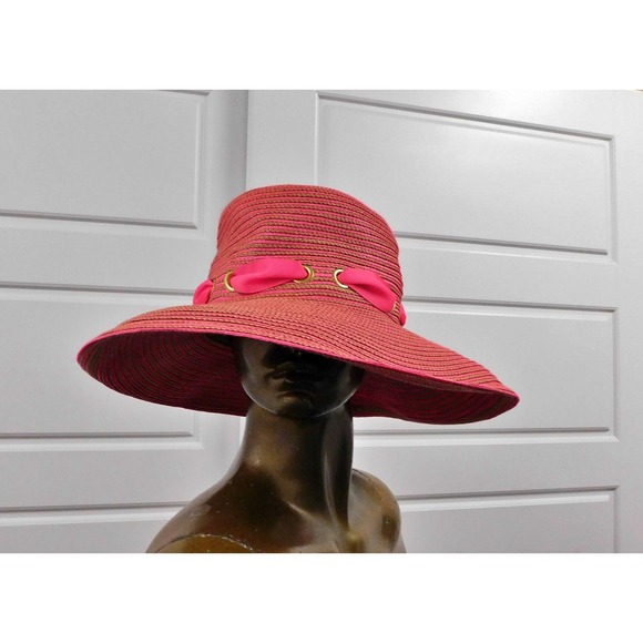 Eric Javits Straw Raffia Sun Hat Natural‎ Pink Bow One Size - Picture 3 of 4